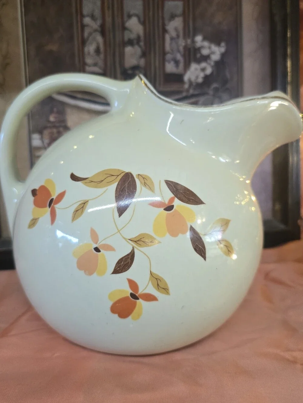 Vintage Halls Floral Ceramic Pitcher in Cream with Orange & Brown Flowers 1/2 Gl